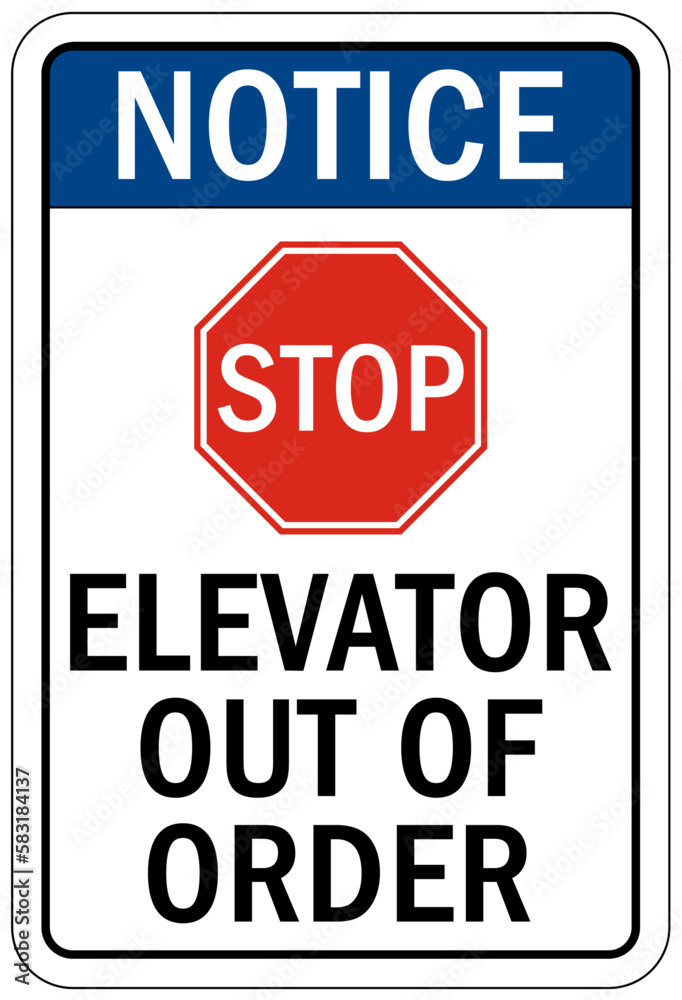Elevator warning sign and labels elevator out of order Stock Vector