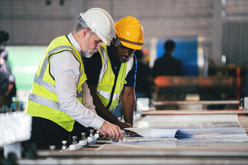 Factory worker in safety suit, Project manager discussing with engineering man for work in metal sheet industry. Teamwork and cooperation concept.