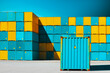 © RooM The Agency - Lone shipping container in front of a stack of blue and yellow shipping containers