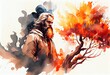 Watercolor Illustration of a Moses And The Burning Bush Painting. Generative AI