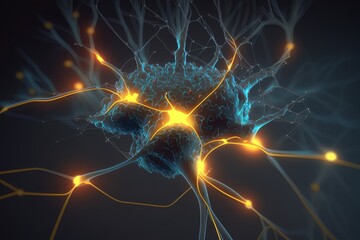 Aufkleber - Nerve cell biology background, neuron of brain with synapses stroke disease, red and blue light. Generation AI