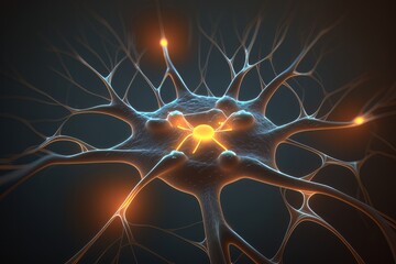 Aufkleber - Nerve cell biology background, neuron of brain with synapses stroke disease, red and blue light. Generation AI
