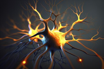 Aufkleber - Nerve cell biology background, neuron of brain with synapses stroke disease, red and blue light. Generation AI