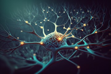 Aufkleber - Nerve cell biology background, neuron of brain with synapses stroke disease, red and blue light. Generation AI
