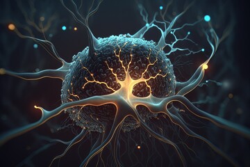 Aufkleber - Nerve cell biology background, neuron of brain with synapses stroke disease, red and blue light. Generation AI