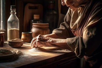 Old woman kneading dough on a wooden table in the kitchen, Generative AI