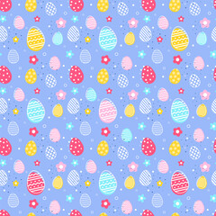 Wall Mural - Easter egg with flowers on blue background. Design of a seamless pattern. Vector illustration