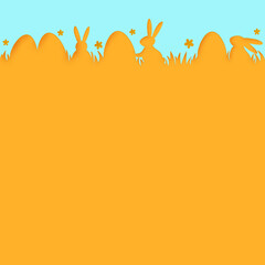 Wall Mural - Easter background with paper cut eggs and rabbits. Minimal layout design. Vector illustration