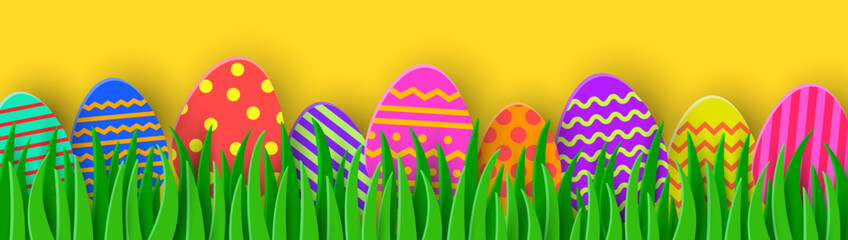 Wall Mural - Coloured eggs hidden in the grass. Paper cut Easter banner. Panoramic header. Vector illustration