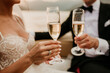 © Mehmed - bride and groom newlyweds drinking champagne wine on wedding day sunset wedding dress rings romantic