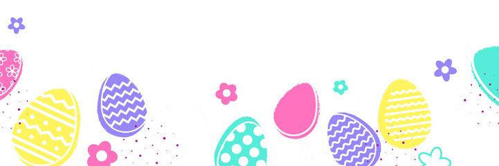 Wall Mural - Colourful Easter eggs and flowers on transparent background. Modern design. Bannner. PNG illustration