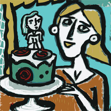 Lonely Woman With Birthday Cake Abstract Illustration