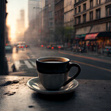 Fototapeta  - A cup of coffee stands on the table of a street cafe on a busy street in the early morning. Generative AI