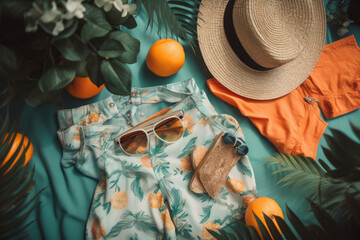 Wall Mural - Beach accessories with hat, sunglasses and tropical fruit summer holiday and vacation concept created wtih AI