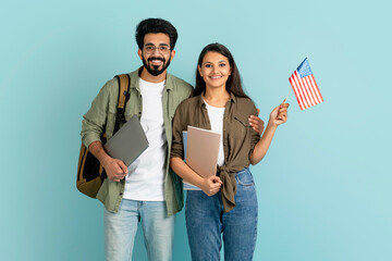 Poster - Cheerful multiethnic couple students showing flag of US