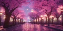 Beautiful Glamourous Sakura Flowers, Street Lamps, Bokeh, Night Effect, Bokeh Light, Beautiful Background, Shimmering Lights