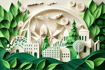 Wall Mural - Paper art style , Paper cut of eco city design Green energy concept and environment conservation