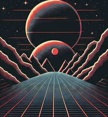 Poster - Retro styled sci-fi landscape with mountains. Retro futuristic science fiction illustration in drawing style with alien sun. Generated AI.