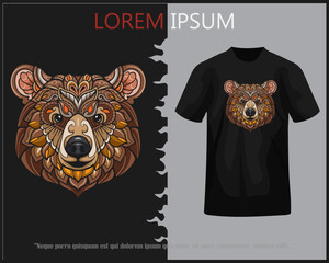 Wall Mural - Colorful grizzly bear head mandala arts isolated on black t-shirt.