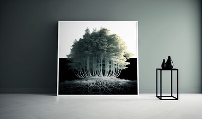 Sticker -  a black and white photo of a tree and a vase.  generative ai