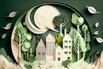 Wall Mural - Paper art style , Paper cut of eco city design Green energy concept and environment conservation