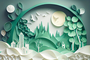 Wall Mural - Paper art style , Paper cut of eco city design Green energy concept and environment conservation