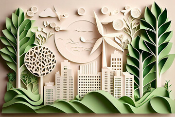 Wall Mural - Paper art style , Paper cut of eco city design Green energy concept and environment conservation