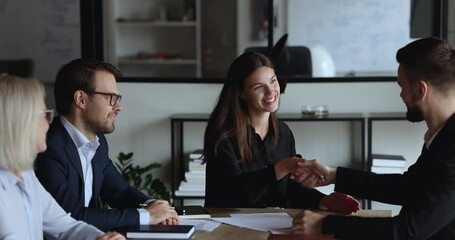 Sticker - Businesspeople sit at desk in modern conference room, finish formal negotiations successfully, make commercial deal, solving common business, planning future cooperation shaking hands feel satisfied