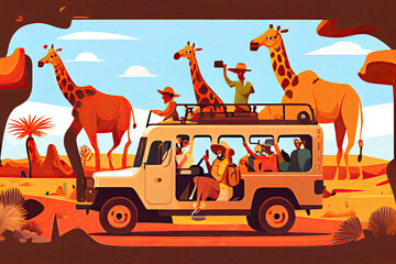 Wall Mural - People in safari tour, savanna wild landscape vector illustration. Cartoon group of tourist characters