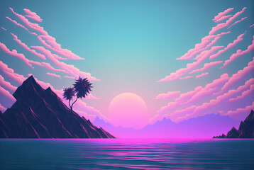 Calm and relaxing landscape with mountains in vaporwave style. Pink and blue view in 90s style. Generated AI.