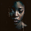 A lonely black woman sits alone in the dark her face streaked with tears her anguish palpable.. AI generation