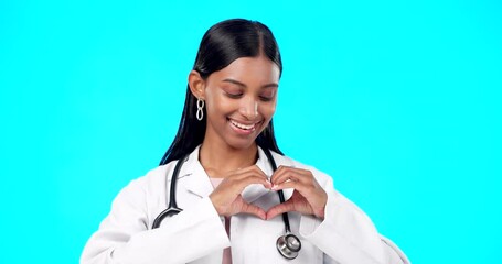 Poster - Heart gesture, woman and happy doctor, surgeon or nurse care for support, medicine healthcare or cardiology health. Emoji love sign, medical portrait or hospital female on blue background studio