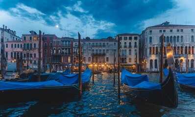 Evening view of the canal grande with gondolas