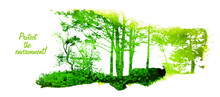Silhouette Green Trees In The Forest. Protection Of Nature Abstraction. Vector Illustration
