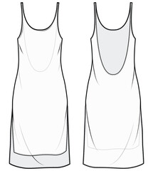 sleeveless satin slip dress design flat sketch fashion illustration with front and back view, v neck