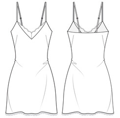 Satin Slip dress design flat sketch fashion illustration with front and back view, v neck Lace night dress cad drawing vector template