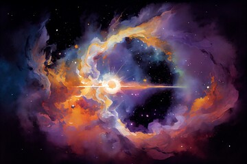Wall Mural - watercolor illustration of a birth of a star in space during a nebula explosion. nuclear fusion of c