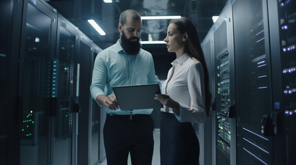 Poster - Programmers working on servers in data center. Modern technology concept. Generative AI