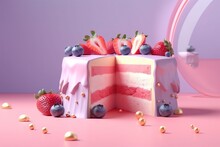  A Cake With A Slice Cut Out Of It With Strawberries And Blueberries On Top Of It And A Mirror In The Back Ground.  Generative Ai