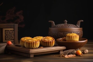 Poster -  a couple of muffins sitting on top of a cutting board next to a tea pot and a bowl of fruit on a table.  generative ai