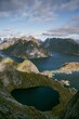 Aerial shot of the scenic Lofoten Islands in Nordland, Norway under a cloudy sky