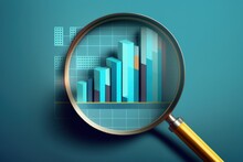 Magnifying glass and bar chart illustration, stock exchange concept, blue background. Generative AI