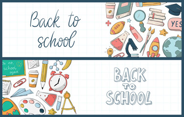 Wall Mural - set of 2 back to school horizontal banners decorated with quotes and doodles. Good for posters, prints, cards, templates, etc. EPS 10