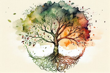 Wall Mural - Watercolor Illustration of a Tree Of Life In The Light, Illustration. Generative AI