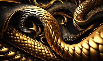 Wall Mural -  a gold and black snake pattern with a black and gold background and a black and gold snake on the left side of the image and a gold snake on the right side of the.  generative ai