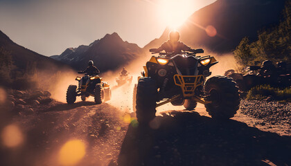 Wall Mural - Group touristic tour riding atv vehicle on offroad track, sun light. Generation AI