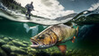Sport fishing man and Predatory fish salmon trout in habitat under water, action photo. Generation AI