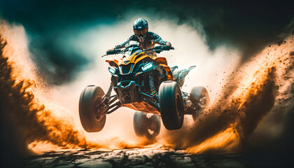 Wall Mural - Man jumping atv vehicle on offroad track in touristic tour, extreme sport activities theme. Generation AI