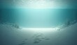  an underwater view of a sandy beach with footprints in the sand and a bright light coming from the water's surface above the water. generative ai