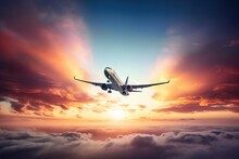  An Airplane Flying In The Sky With A Sunset In The Background Of The Clouds And The Sun Behind The Plane In The Sky.  Generative Ai